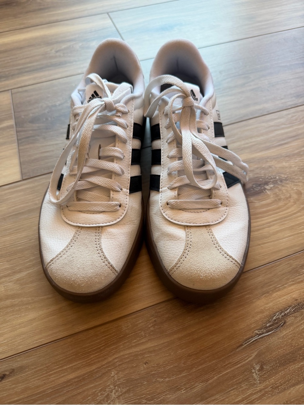 adidas White Sneakers with Black Stripes and Brown Sole - Picture 3 of 7